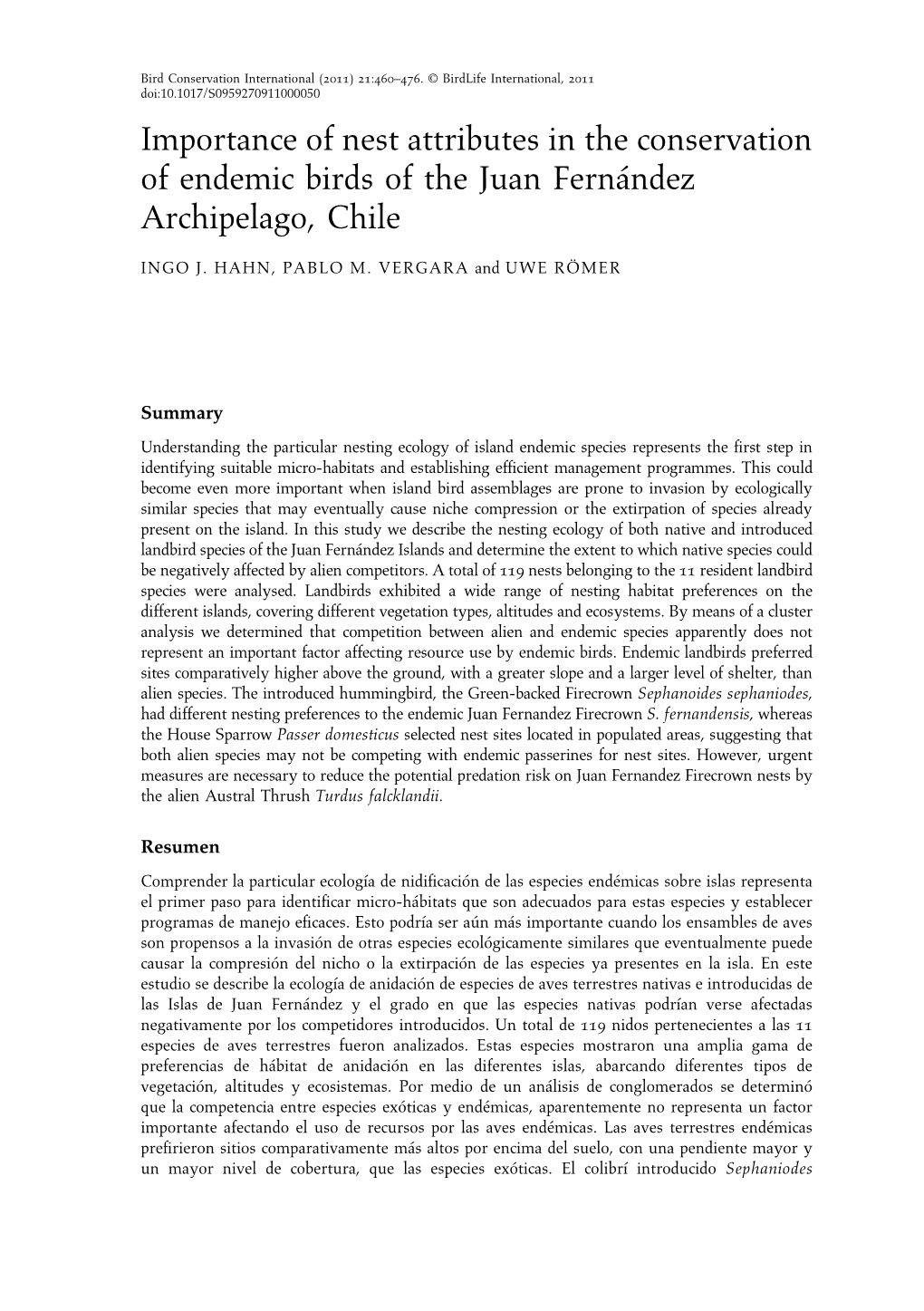 Importance of Nest Attributes in the Conservation of Endemic Birds of the Juan Fernández Archipelago, Chile