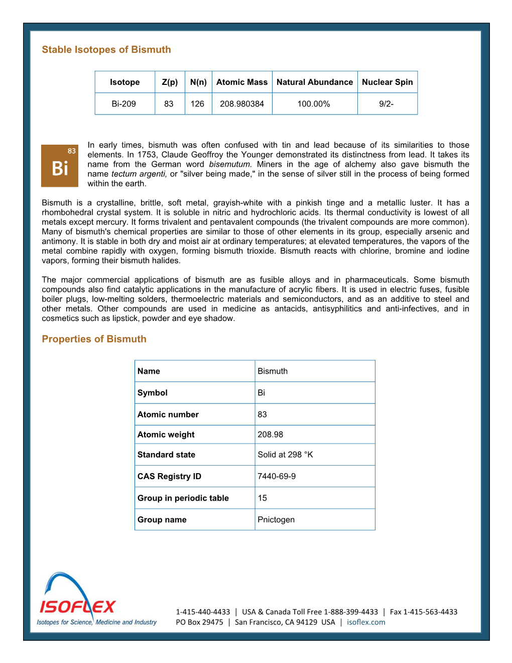 Stable Isotopes of Bismuth Properties of Bismuth