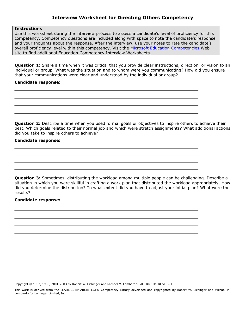 Interview Worksheet for Directing Others Competency