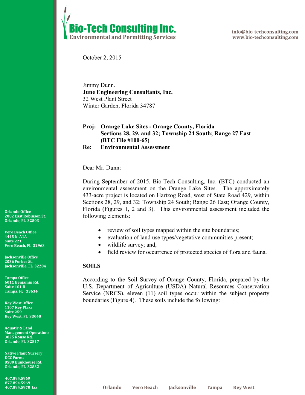 October 2, 2015 Jimmy Dunn. June Engineering Consultants, Inc. 32 West Plant Street Winter Garden, Florida 34787 Proj: Orange La