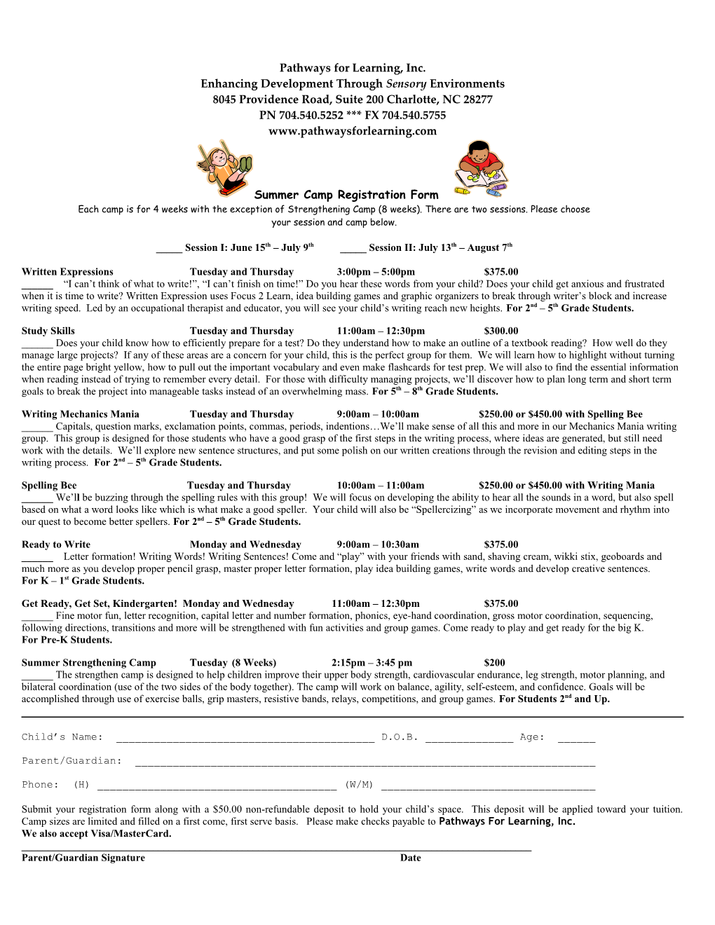 Summer Handwriting Camp Registration Form