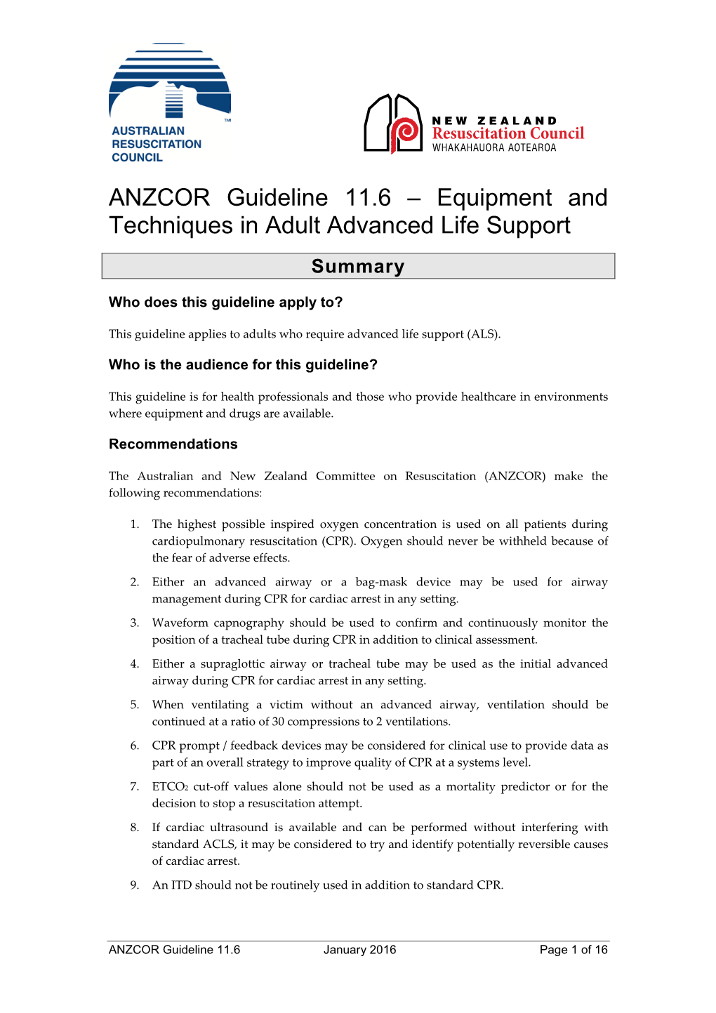 ANZCOR Guideline 11.6 – Equipment and Techniques in Adult Advanced Life Support Summary