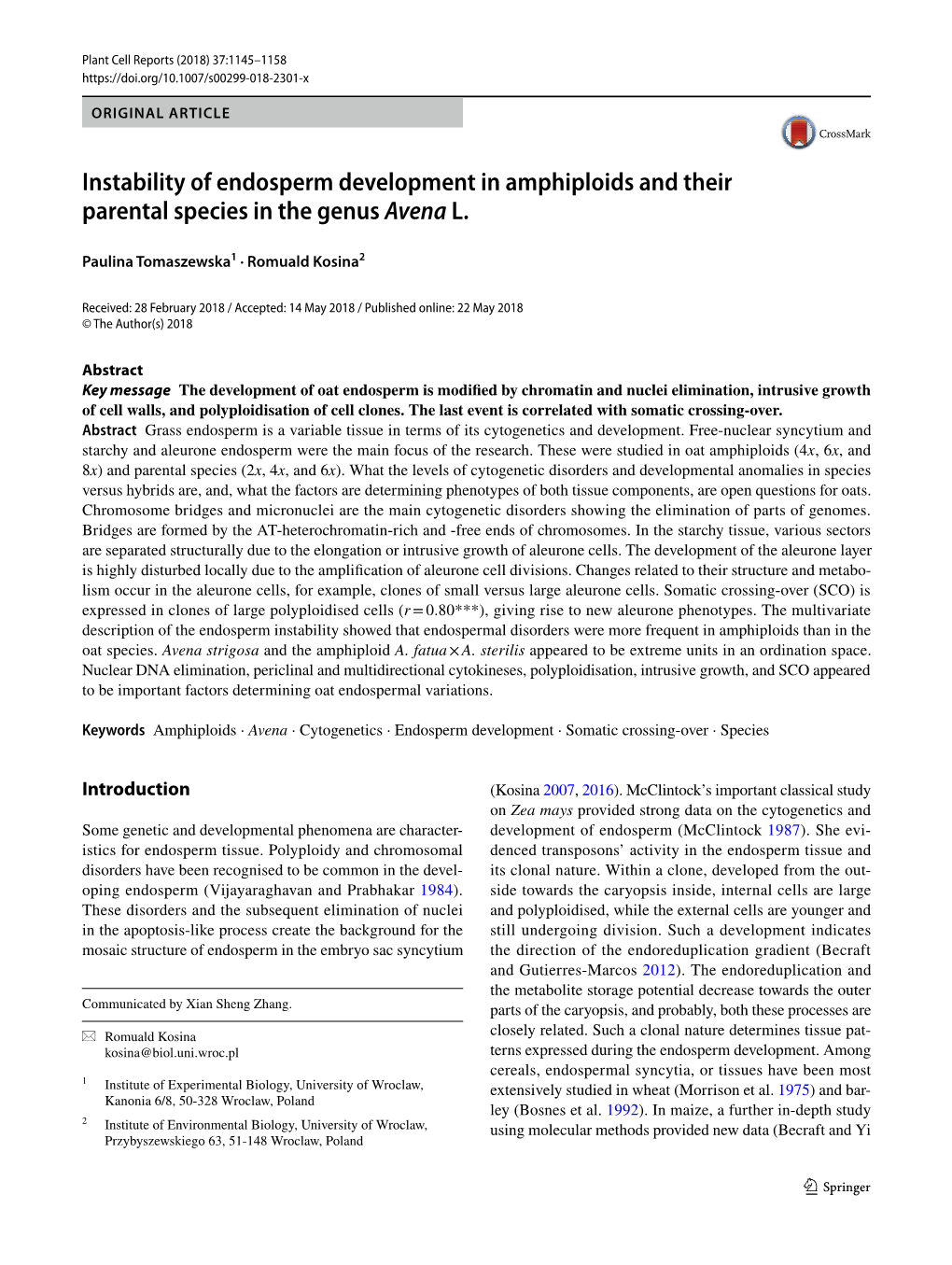 Instability of Endosperm Development in Amphiploids and Their Parental Species in the Genus Avena L