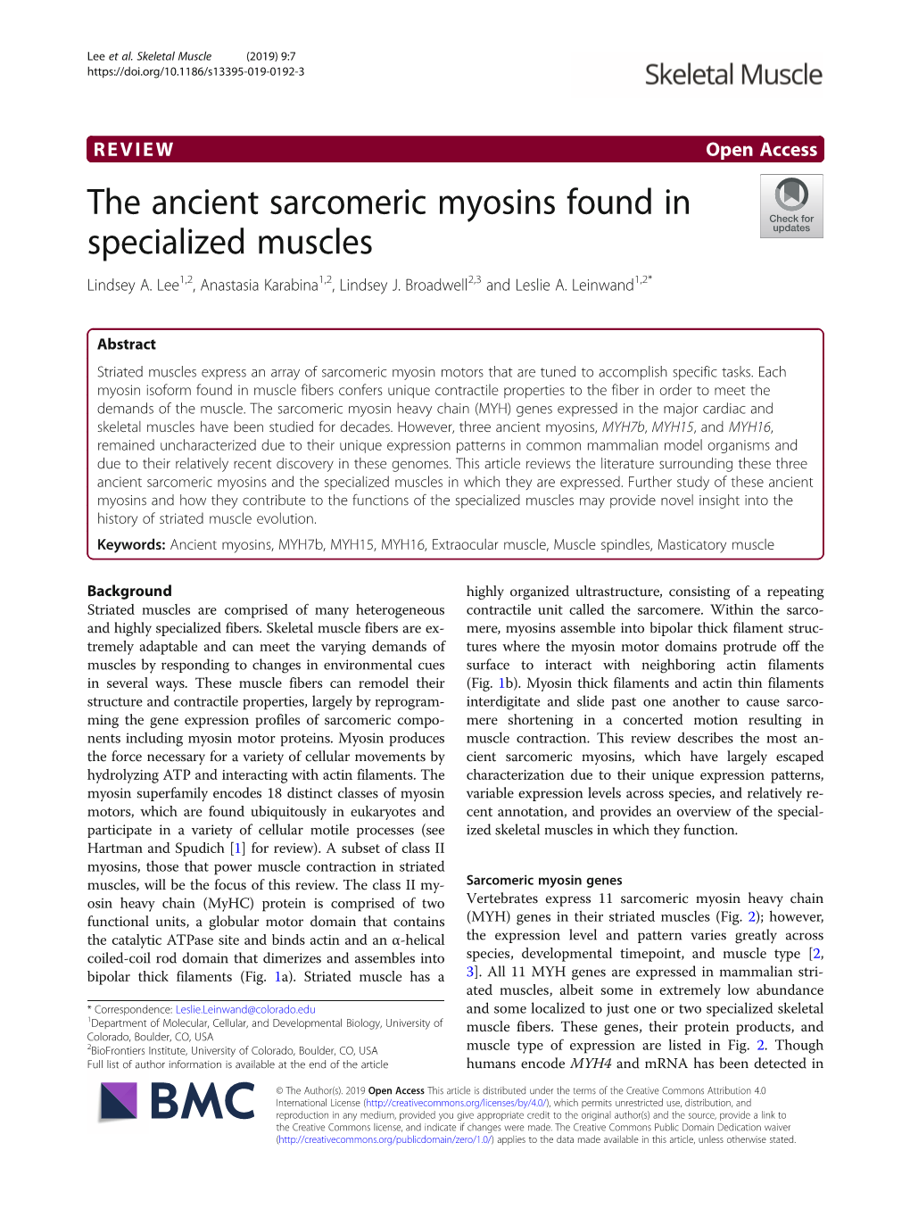 The Ancient Sarcomeric Myosins Found in Specialized Muscles Lindsey A
