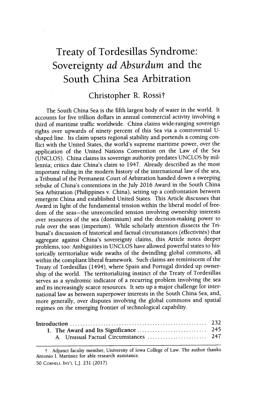 Treaty of Tordesillas Syndrome: Sovereignty Ad Absurdum and the South China Sea Arbitration Christopher R