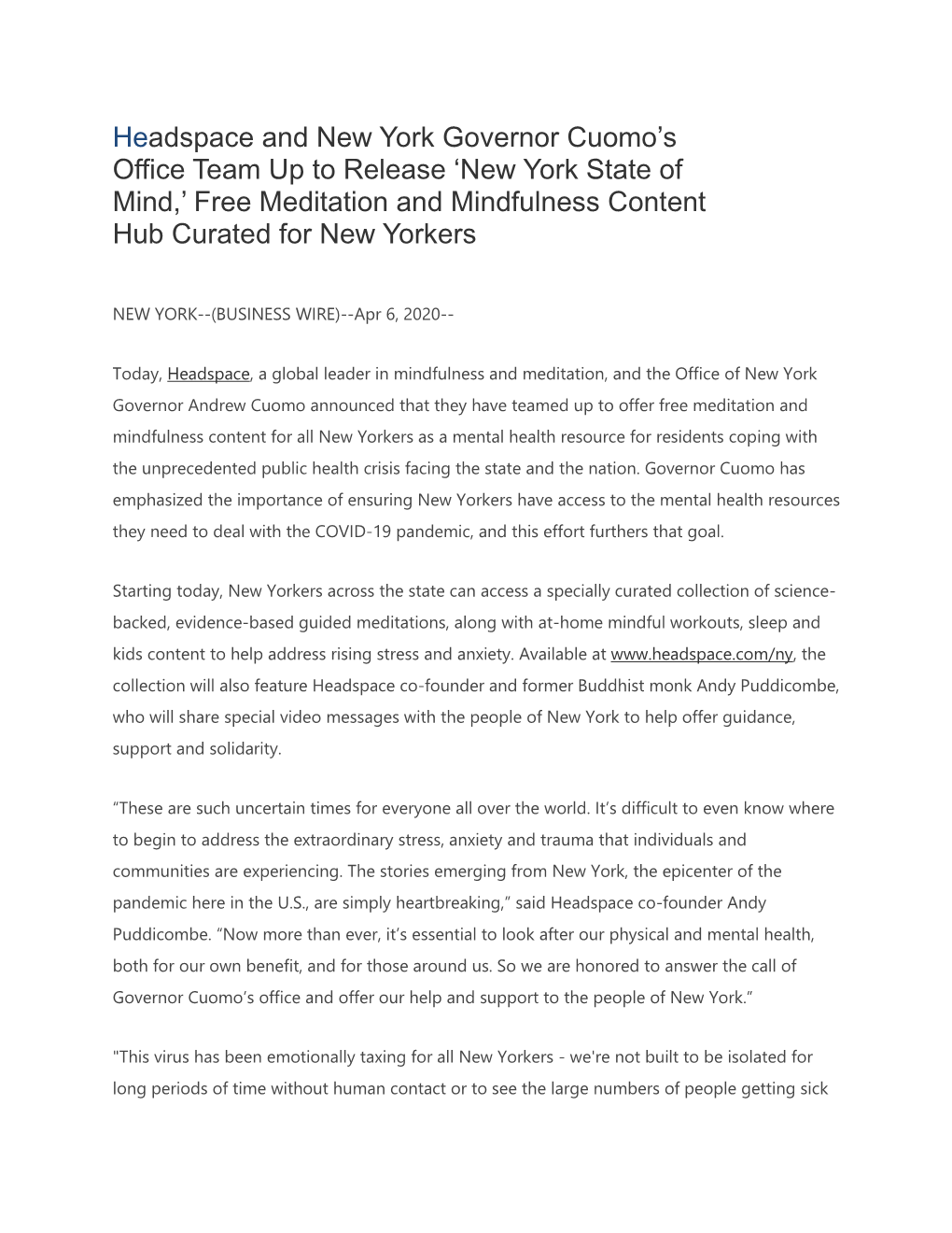 Headspace and New York Governor Cuomo's Office Team up to Release