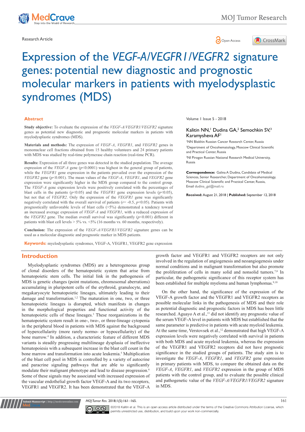 Expression of the VEGF-A/VEGFR1/VEGFR2 Signature Genes: Potential New Diagnostic and Prognostic Molecular Markers in Patients with Myelodysplastic Syndromes (MDS)