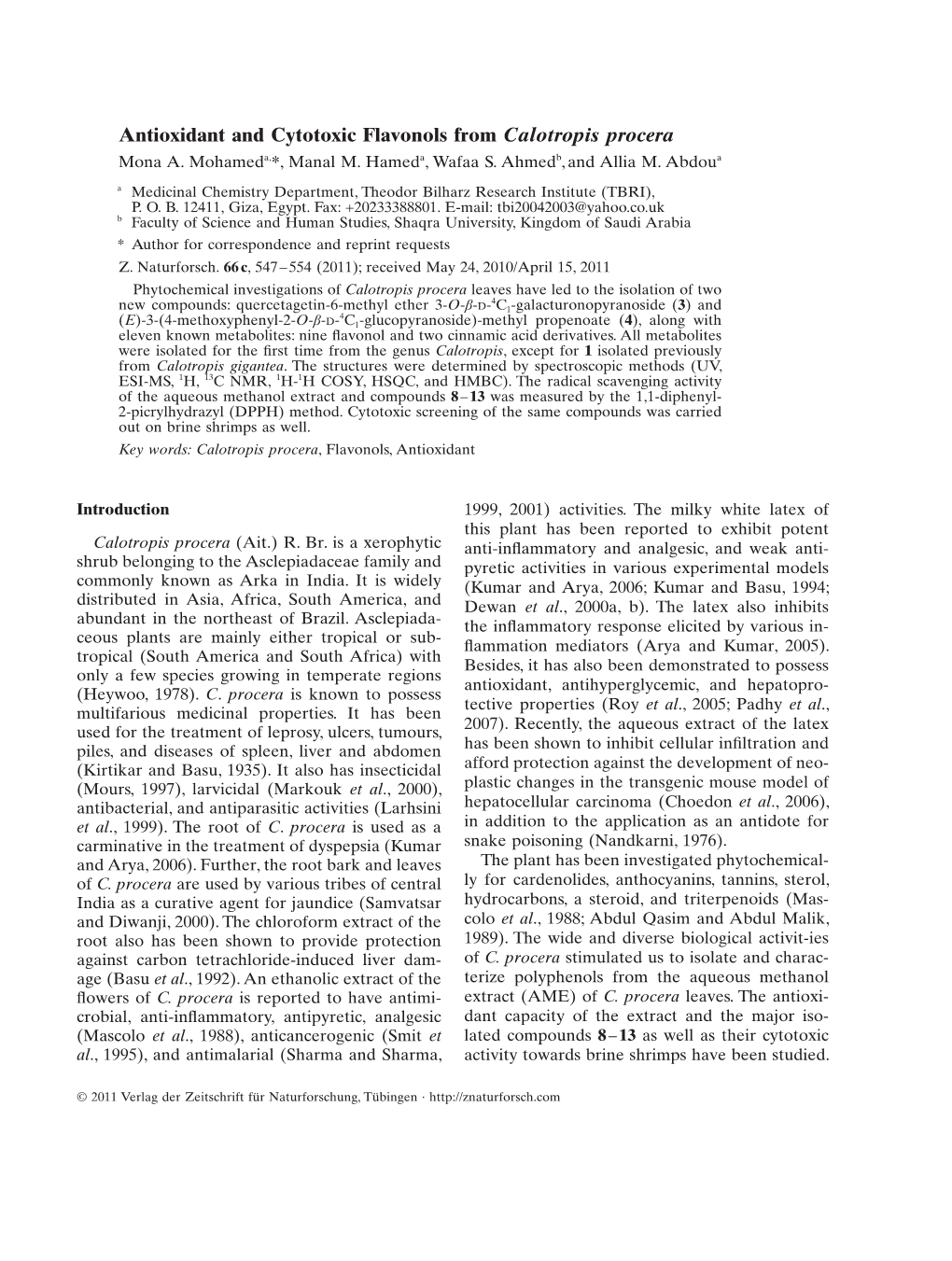 Antioxidant and Cytotoxic Flavonols from Calotropis Procera Mona A