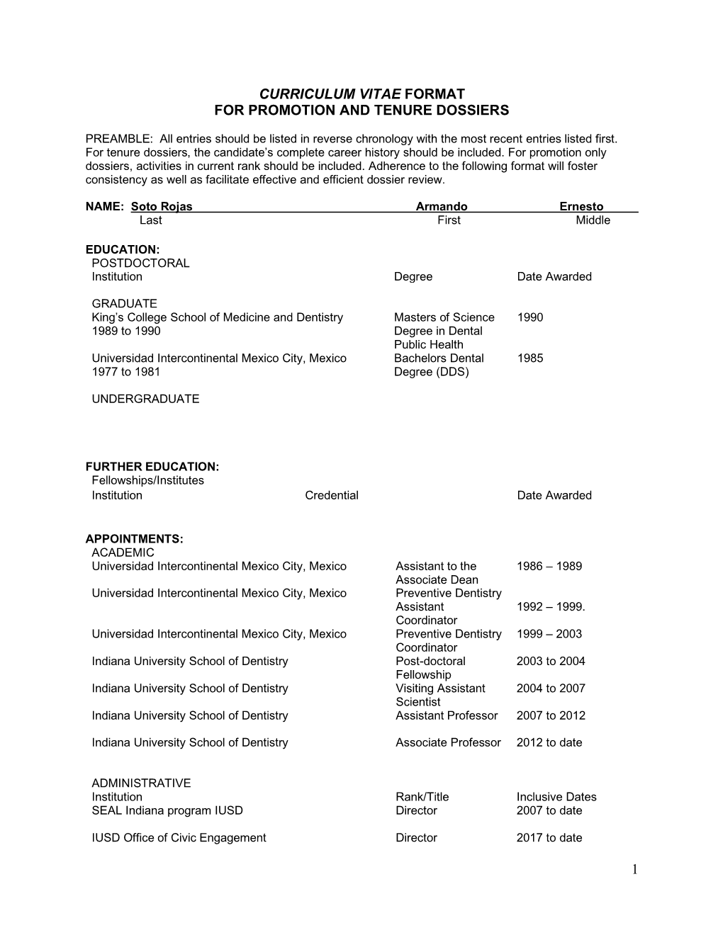 1 Curriculum Vitae Format for Promotion and Tenure