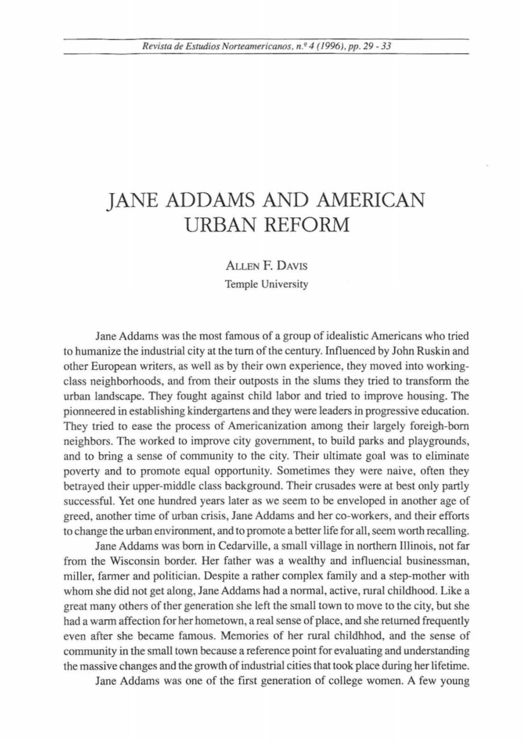 Jane Addams and American Urban Reform