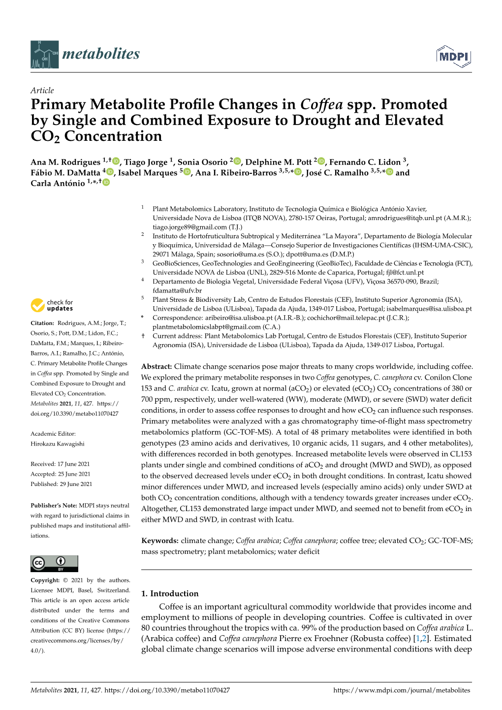 Primary Metabolite Profile Changes in Coffea Spp. Promoted by Single