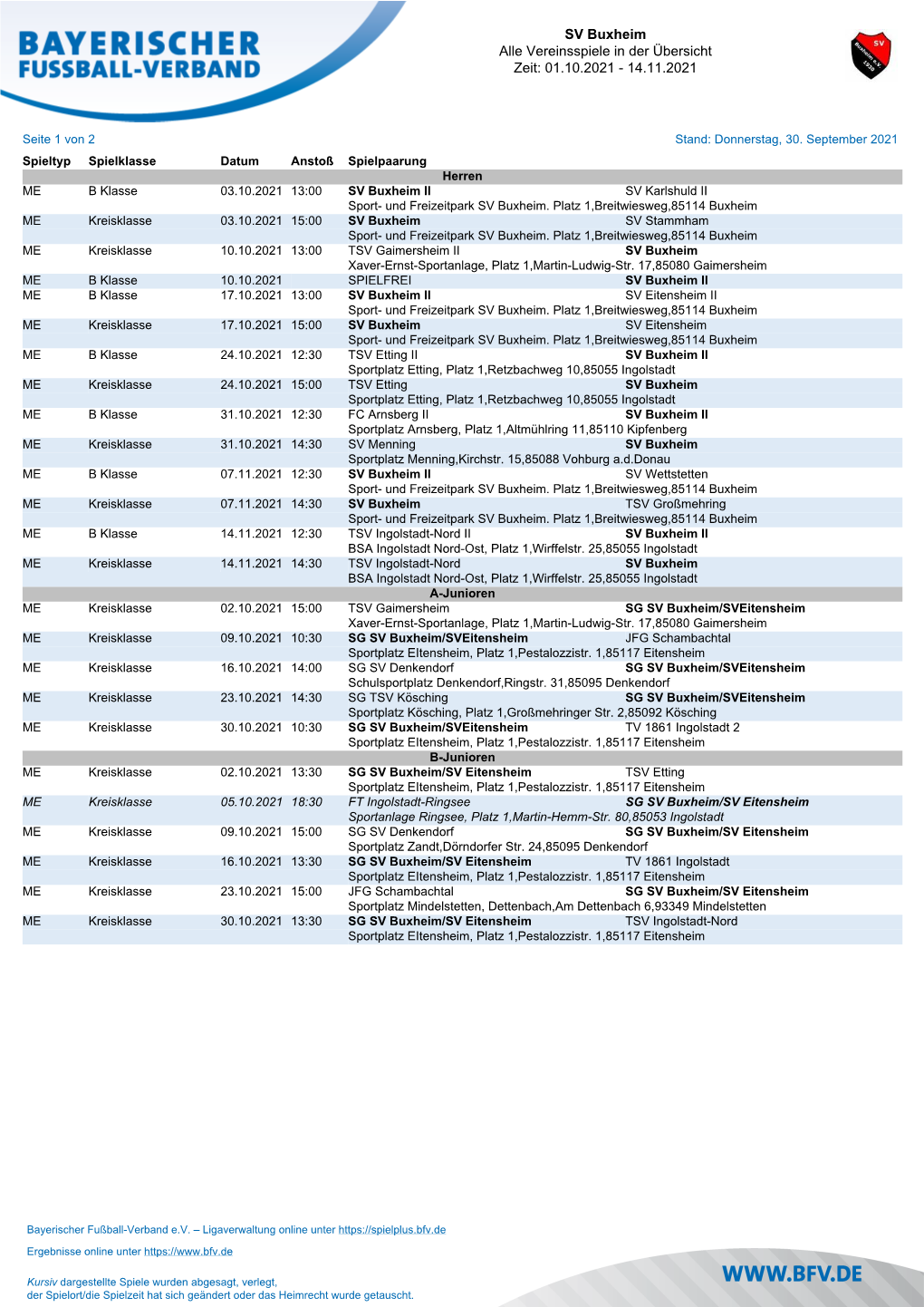 SV Buxheim Alle Vereinsspiele in Der Übersicht Zeit: 21.08.2021