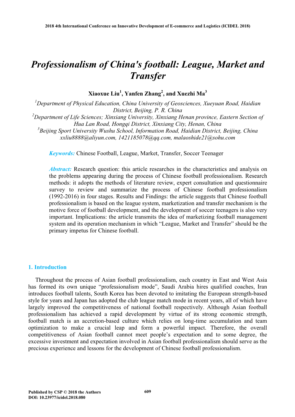Professionalism of China's Football: League, Market and Transfer