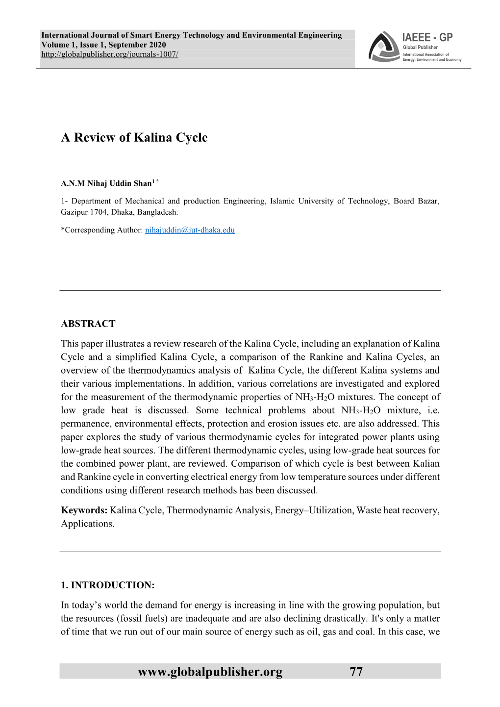 A Review of Kalina Cycle