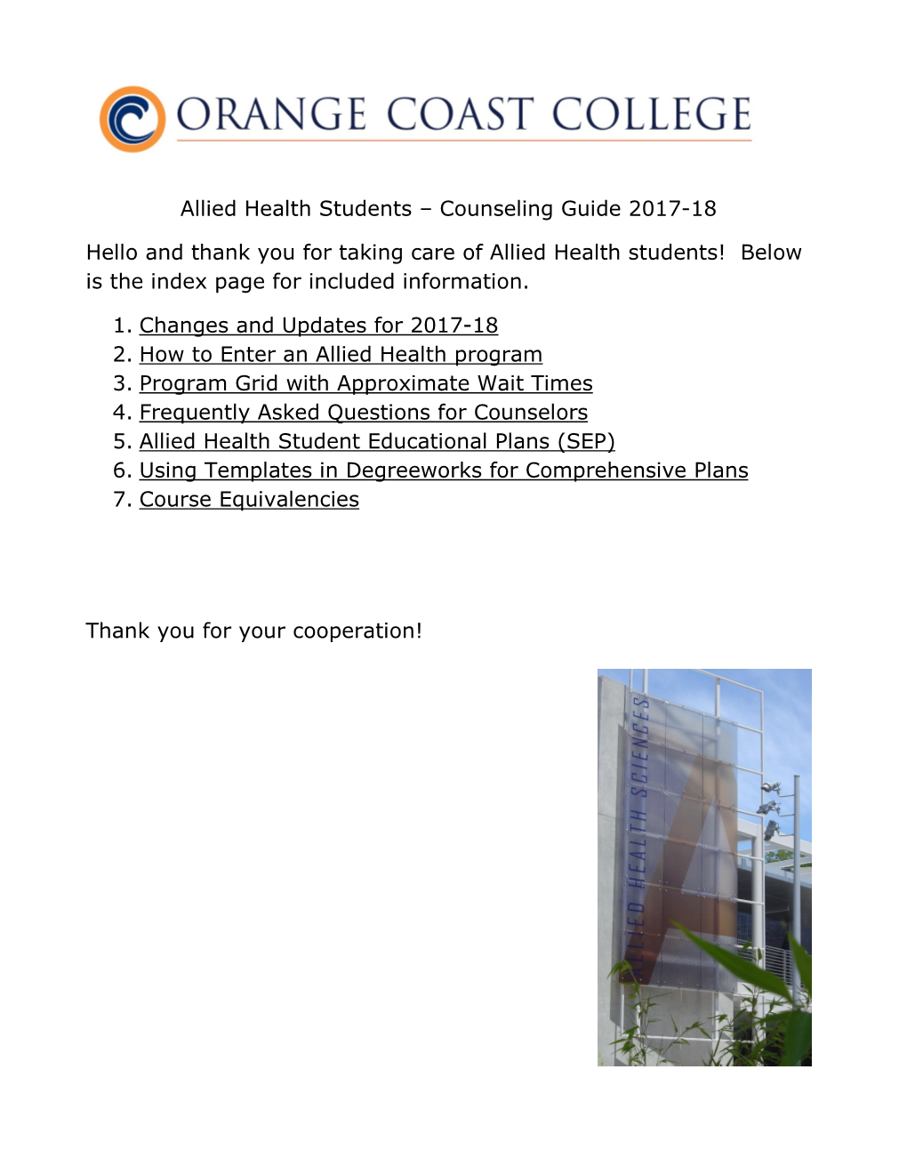 Allied Health Students – Counseling Guide 2017-18