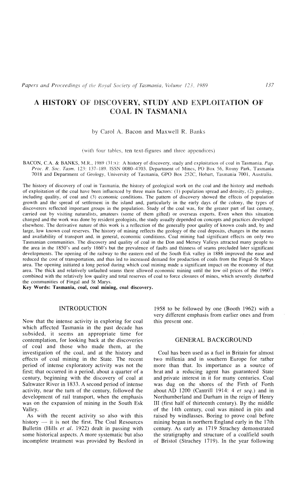 A History of Discovery, Study and Exploitation of Coal in Tasmania