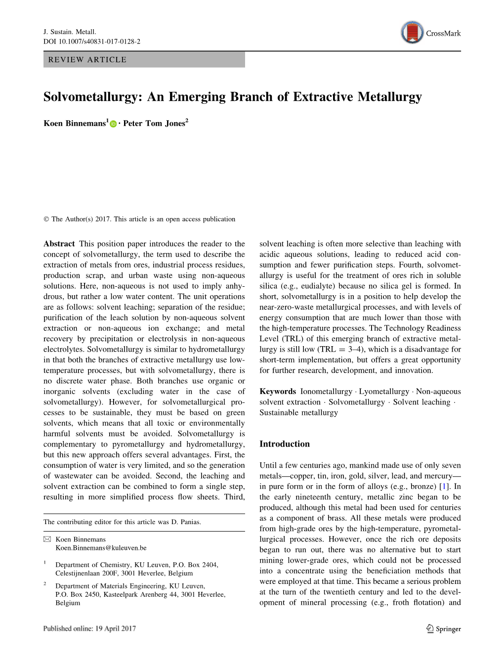 Solvometallurgy: an Emerging Branch of Extractive Metallurgy