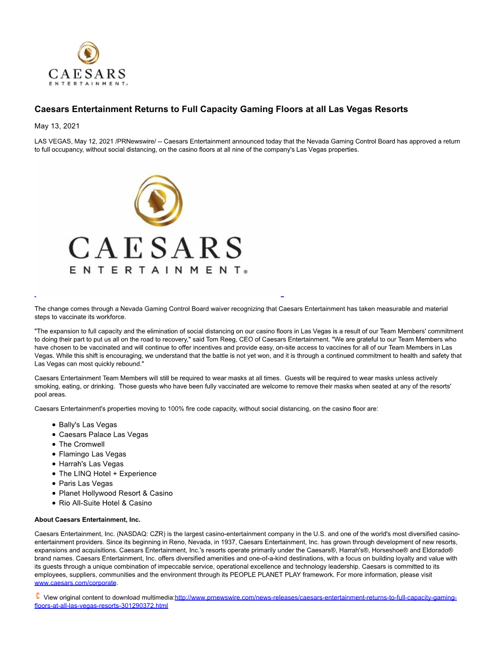 Caesars Entertainment Returns to Full Capacity Gaming Floors at All Las Vegas Resorts