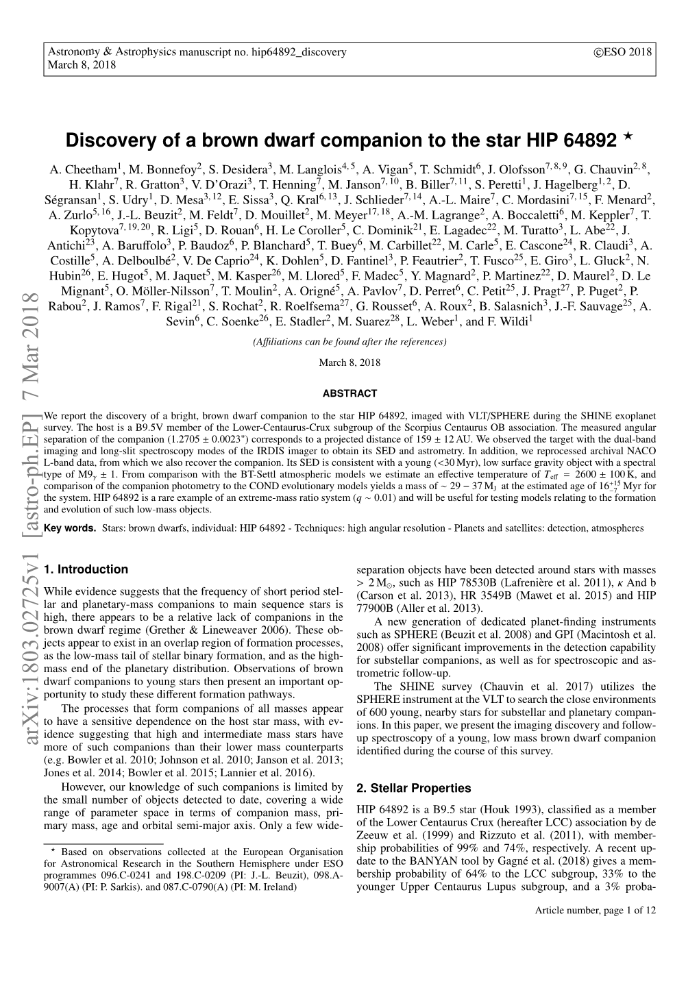 Discovery of a Brown Dwarf Companion to the Star HIP 64892 ? A