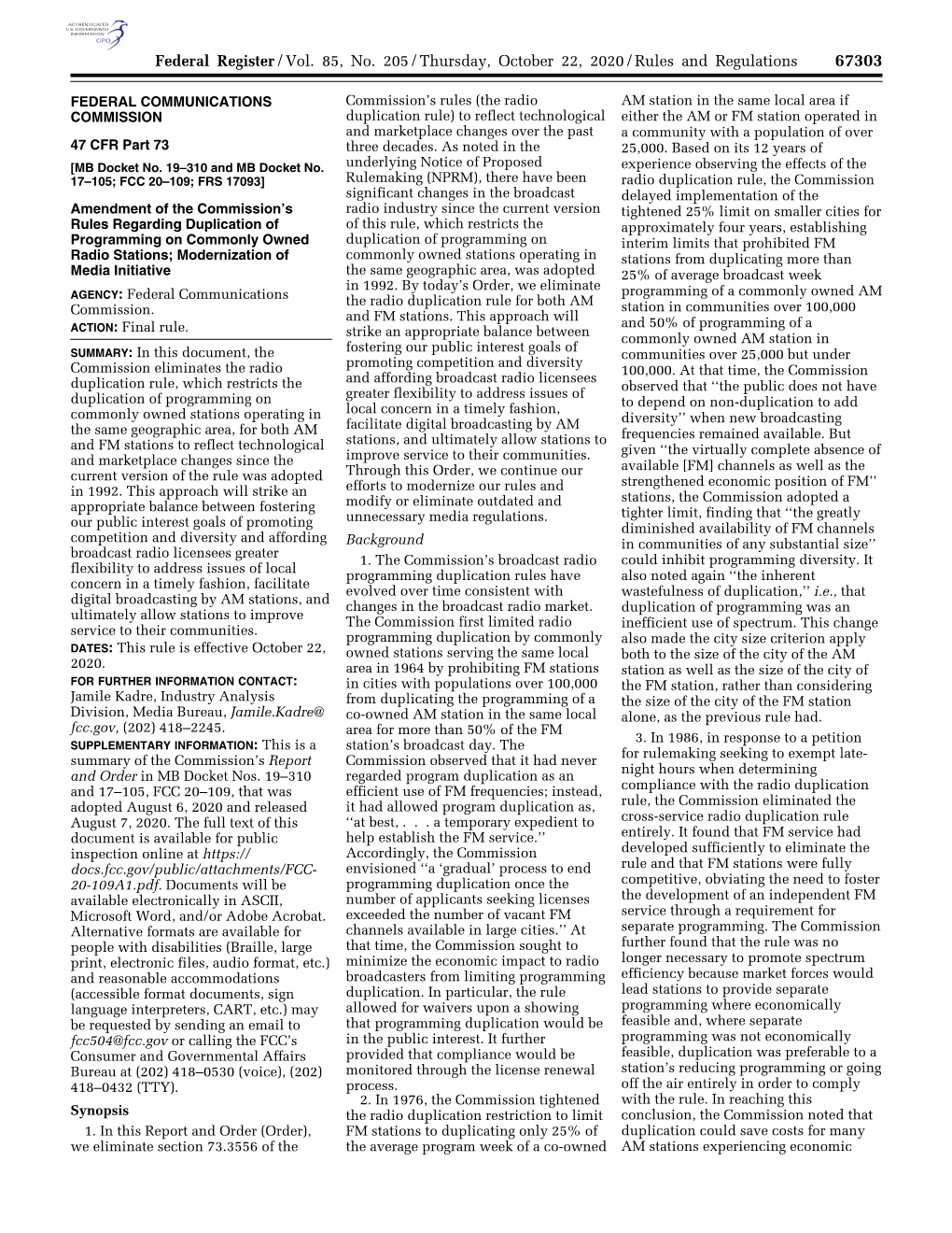 Federal Register/Vol. 85, No. 205/Thursday, October 22, 2020/Rules and Regulations