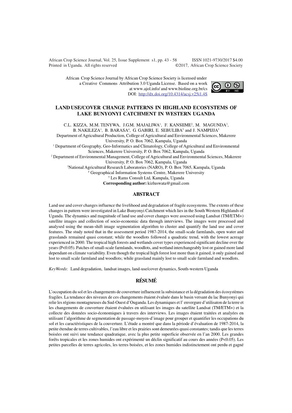 Land Use/Cover Change Patterns in Highland Ecosystems of Lake Bunyonyi Catchment in Western Uganda