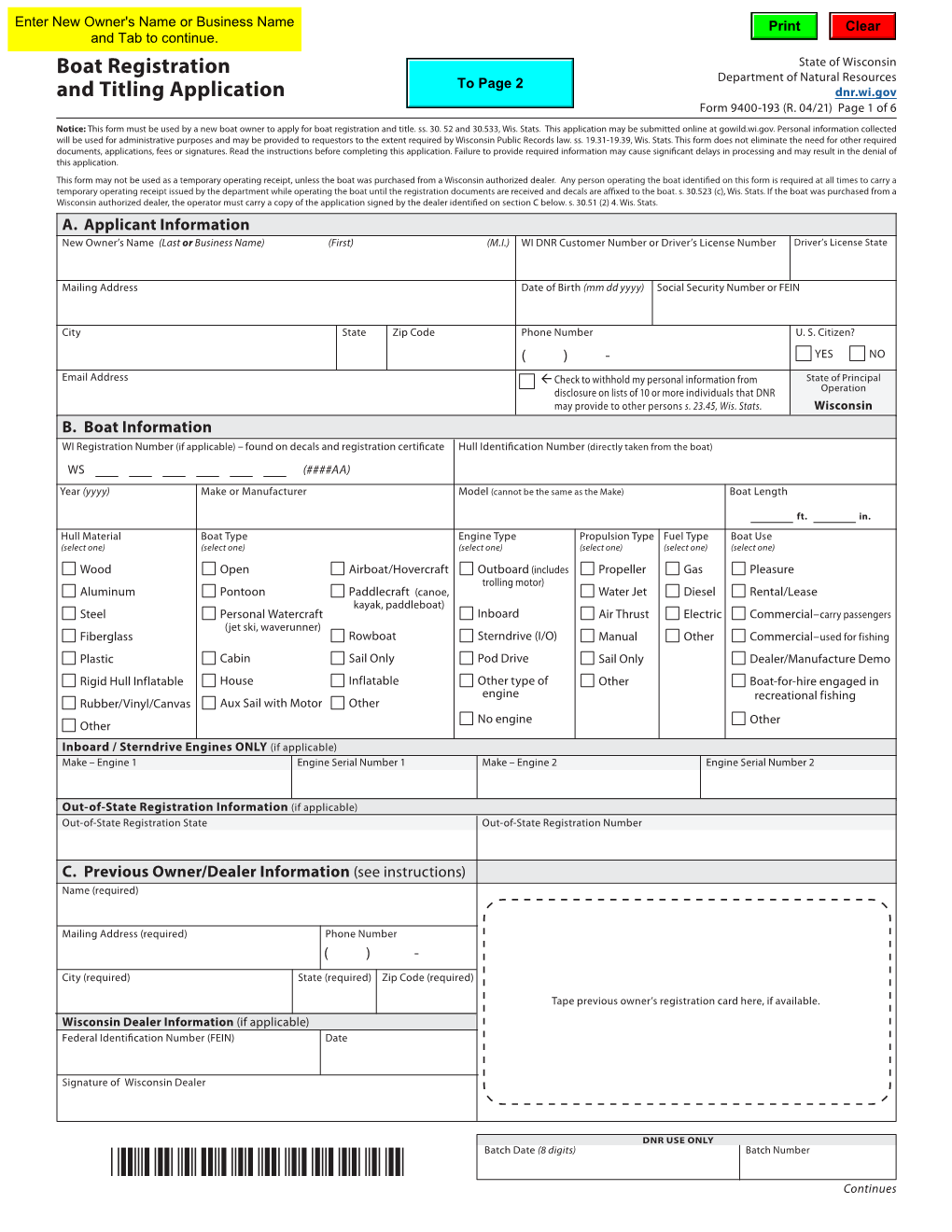 Boat Registration and Titling Application (Form 9400-193)