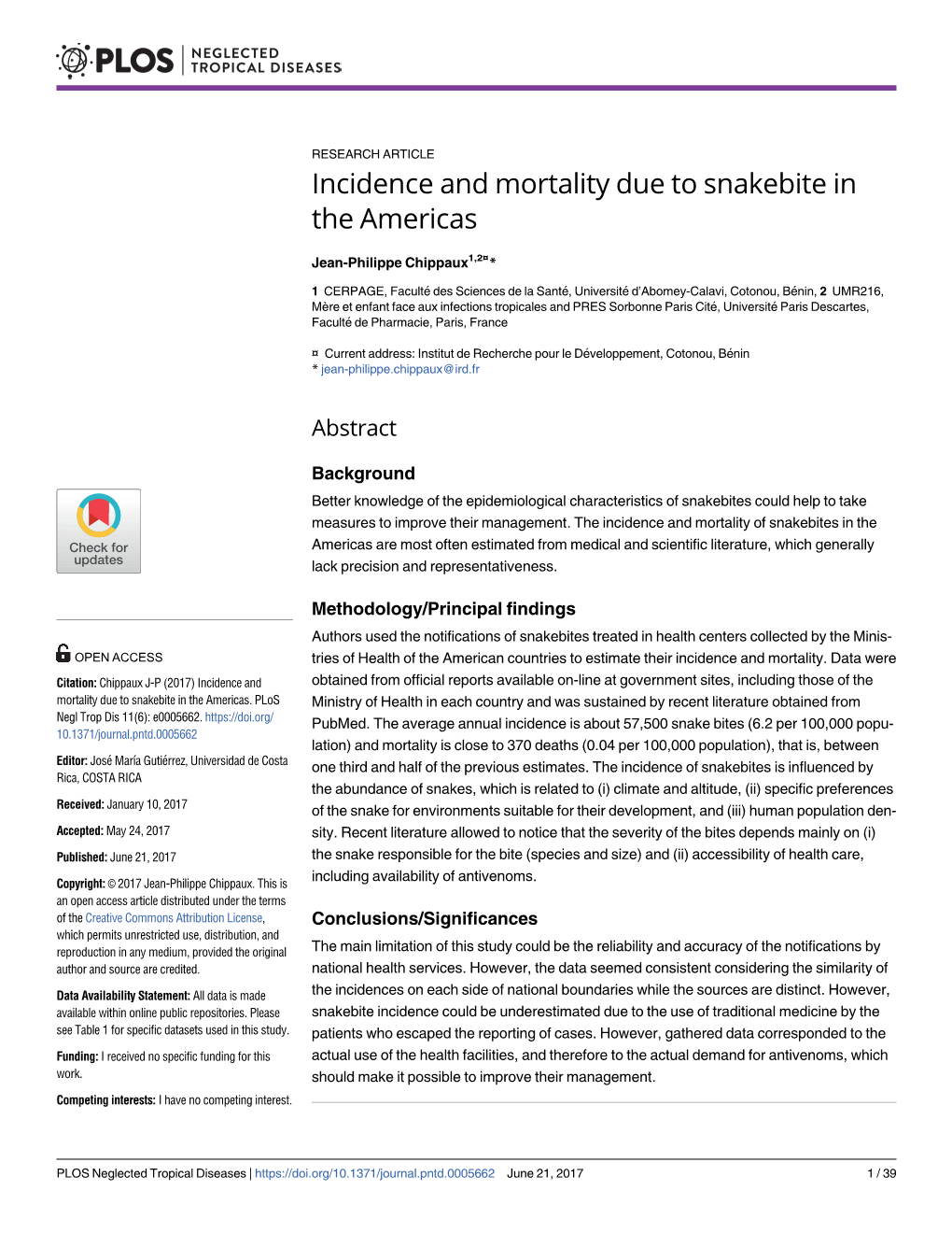 Incidence and Mortality Due to Snakebite in the Americas