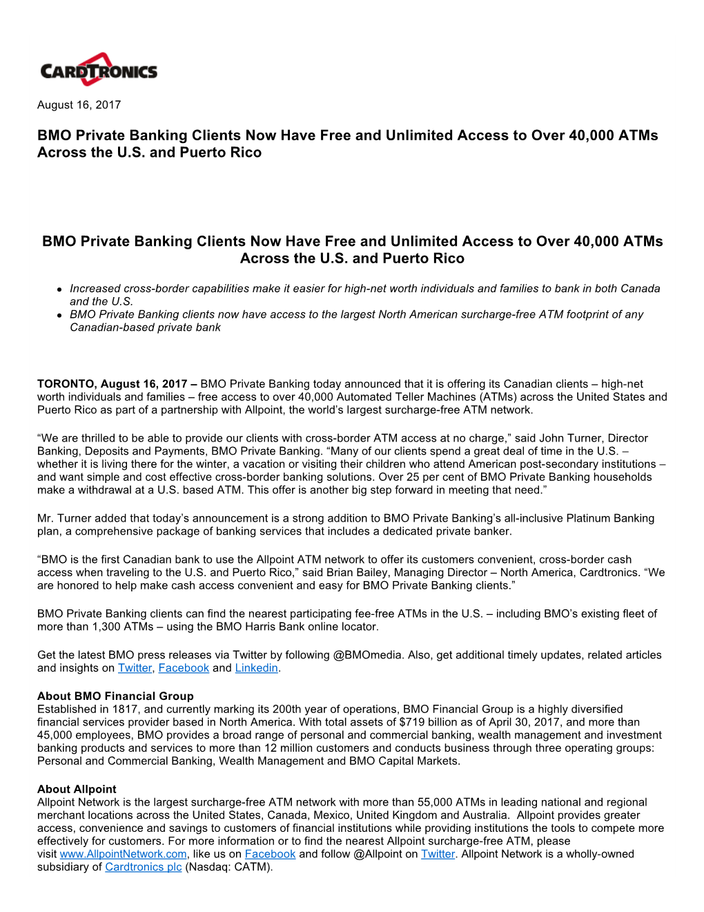 BMO Private Banking Clients Now Have Free and Unlimited Access to Over 40,000 Atms Across the U.S