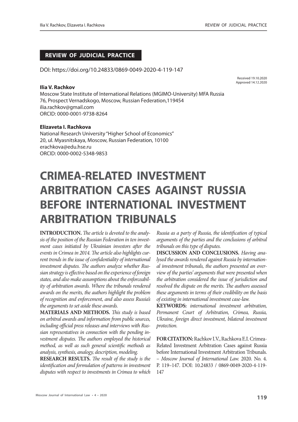 Crimea-Related Investment Arbitration Cases Against Russia Before International Investment Arbitration Tribunals Introduction