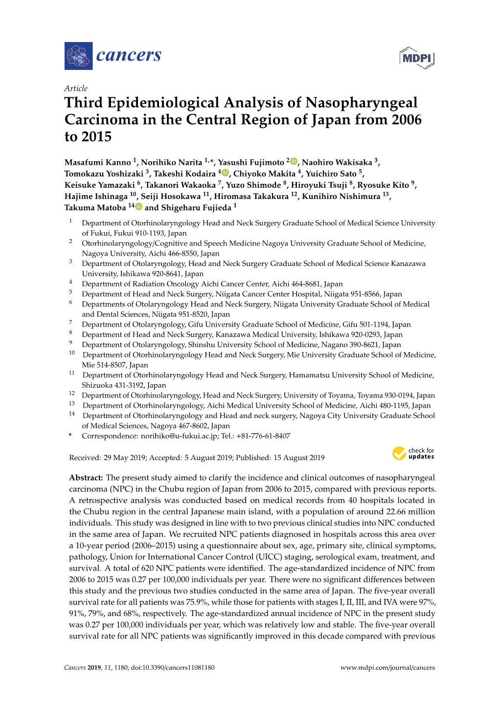 Third Epidemiological Analysis of Nasopharyngeal Carcinoma in the Central Region of Japan from 2006 to 2015