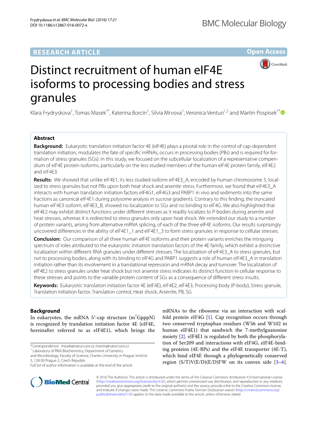 Distinct Recruitment of Human Eif4e Isoforms to Processing Bodies And