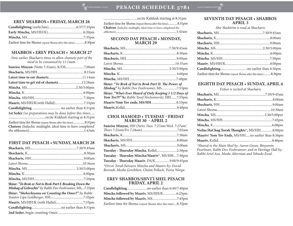 Pesach Schedule 5781