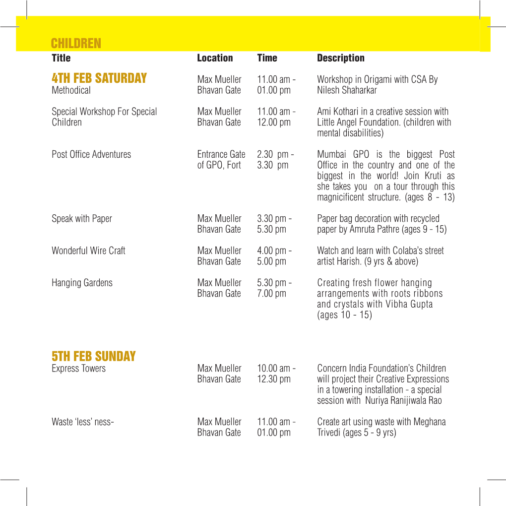 Children Activities Schedule at the 2012 Kala Ghoda Festival