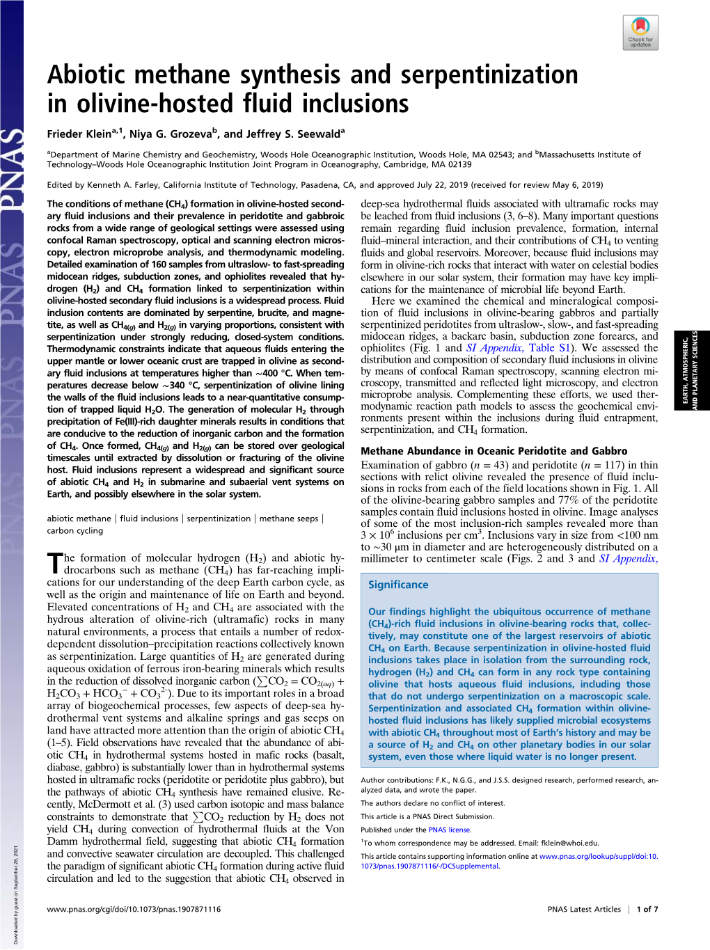 Abiotic Methane Synthesis and Serpentinization in Olivine-Hosted Fluid Inclusions