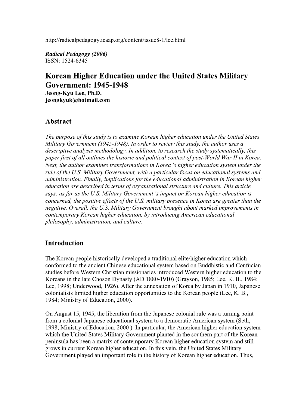 Korean Higher Education Under the United States Military Government: 1945-1948 Jeong-Kyu Lee, Ph.D