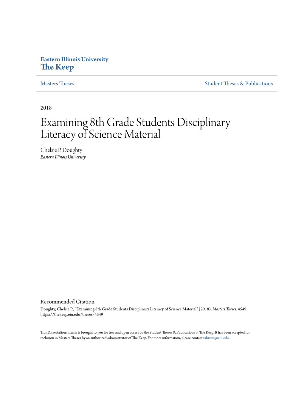 Examining 8Th Grade Students Disciplinary Literacy of Science Material Chelsie P