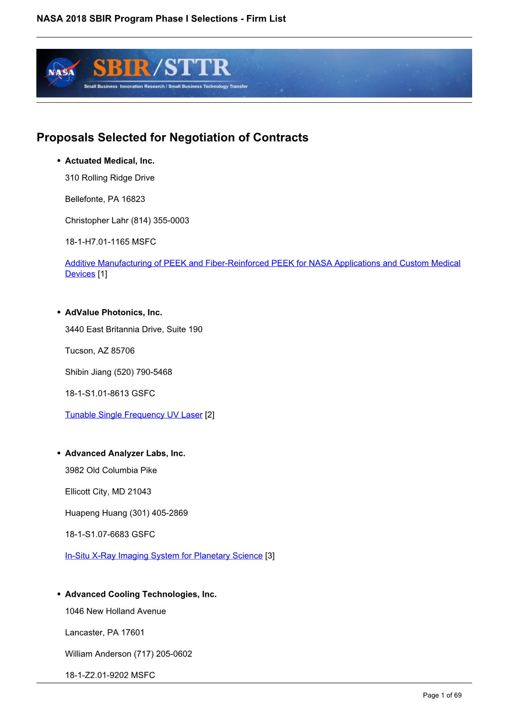 NASA 2018 SBIR Program Phase I Selections - Firm List