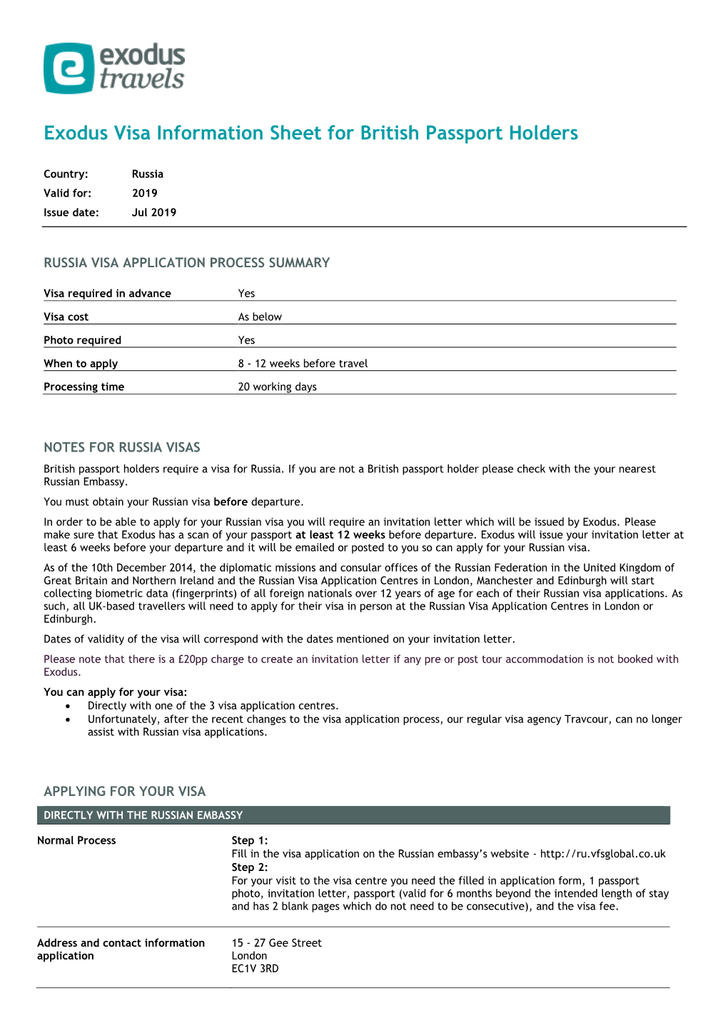 Exodus Visa Information Sheet for British Passport Holders