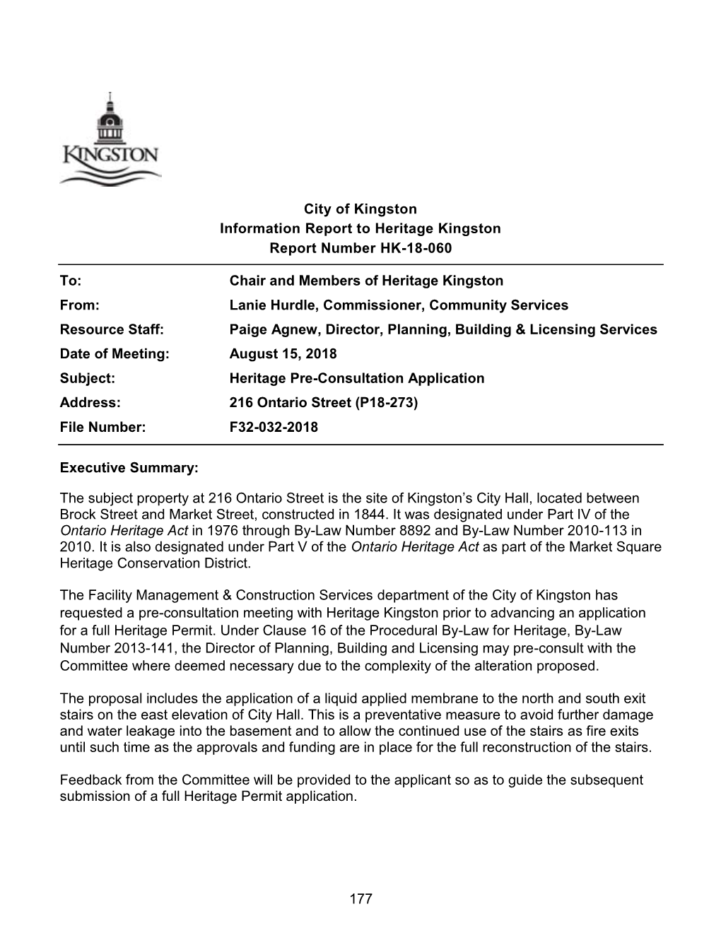 Heritage Kingston Committee Meeting Will Be Shared with Staff from the FMCS Department So That a Response May Be Offered, As Necessary