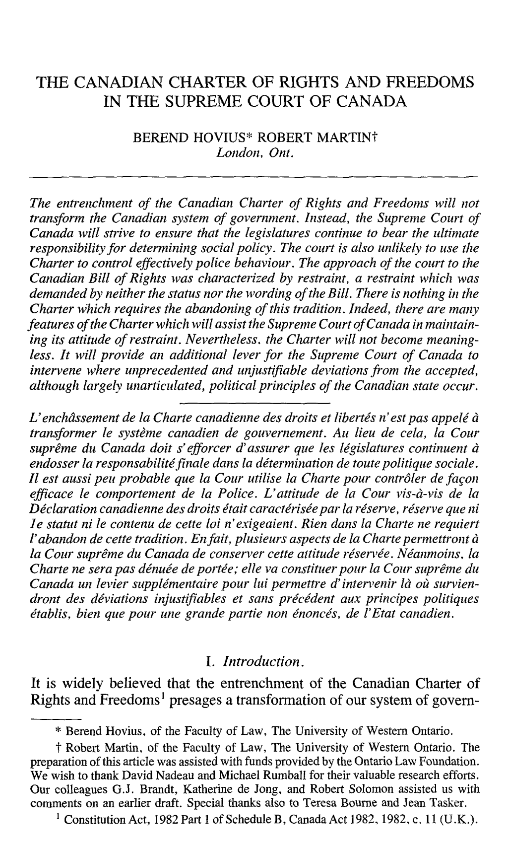 The Canadian Charter of Rights and Freedoms in the Supreme Court of Canada