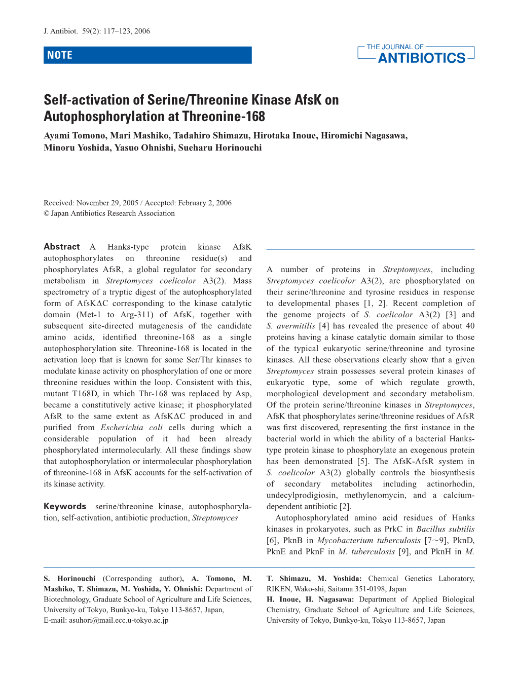 Self-Activation of Serine/Threonine Kinase Afsk on Autophosphorylation at Threonine-168