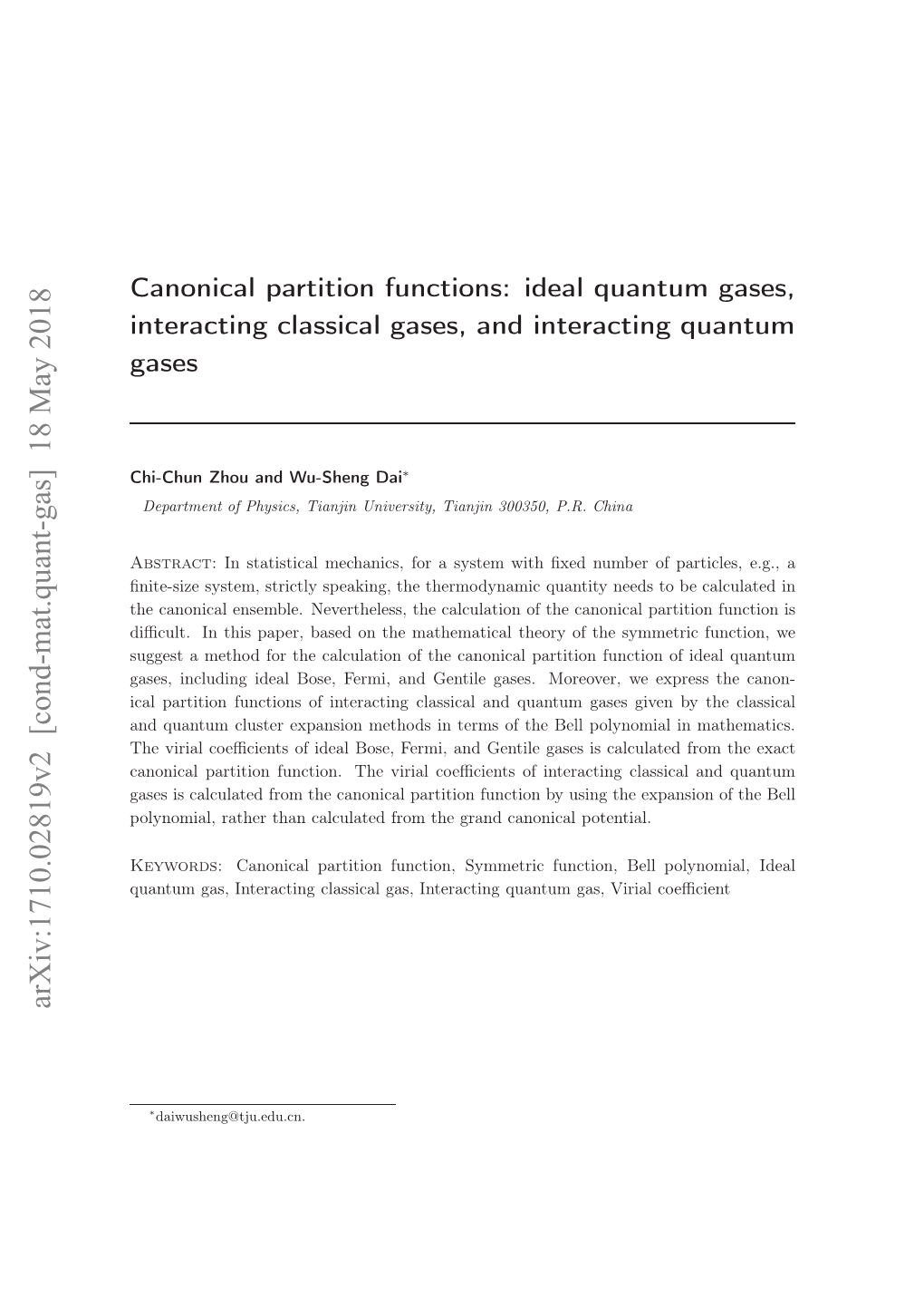 Canonical Partition Functions: Ideal Quantum Gases, Interacting
