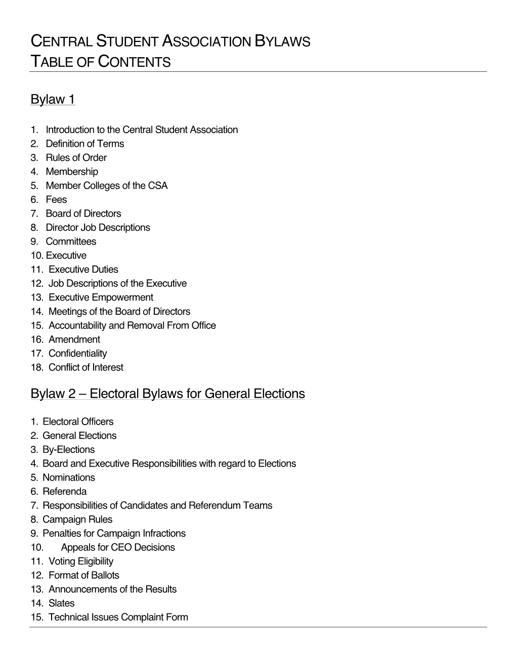 Central Student Association Bylaws Table of Contents