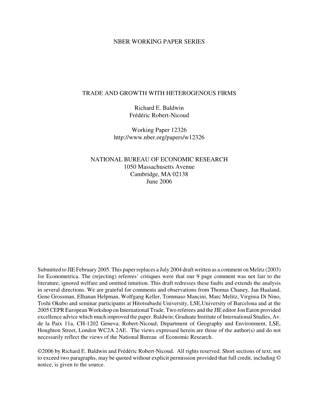 Nber Working Paper Series Trade and Growth With