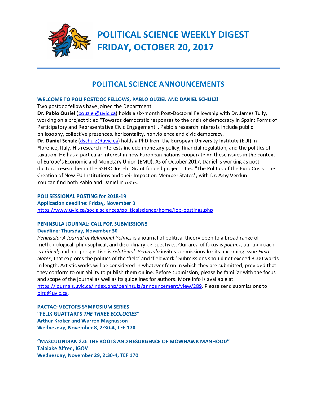 Political Science Weekly Digest Friday, October 20, 2017
