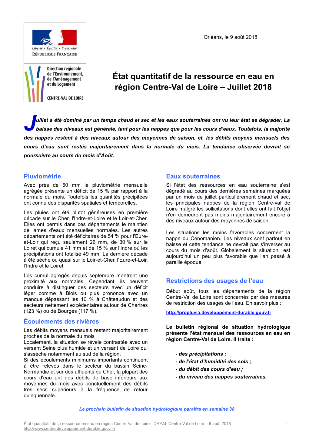 État Quantitatif De La Ressource En Eau En Région Centre-Val De Loire – Juillet 2018