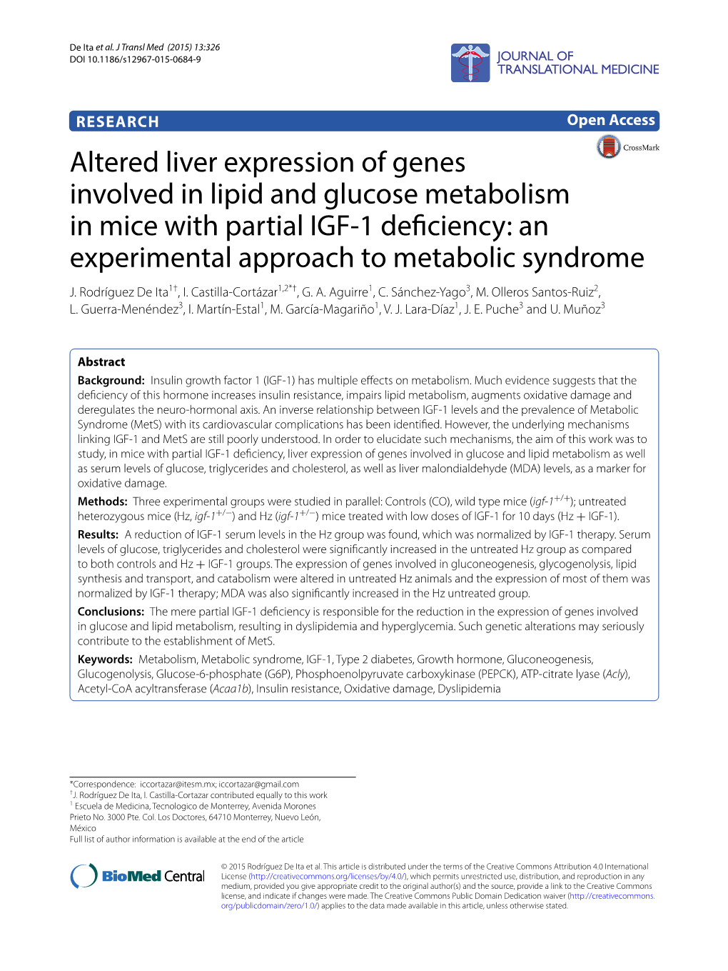 Altered Liver Expression of Genes Involved in Lipid and Glucose Metabolism in Mice with Partial IGF‑1 Deficiency: an Experimental Approach to Metabolic Syndrome J