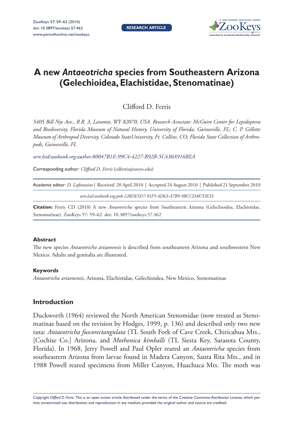 A New Antaeotricha Species from Southeastern Arizona (Gelechioidea, Elachistidae, Stenomatinae)