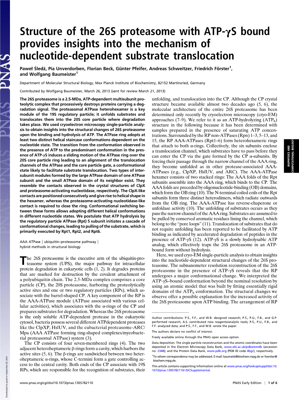 Structure of the 26S Proteasome with ATP-Γs Bound Provides Insights Into the Mechanism of Nucleotide-Dependent Substrate Translocation