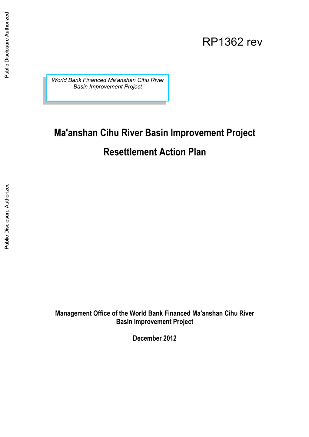 Ma'anshan Cihu River Basin Improvement Project Resettlement Action Plan